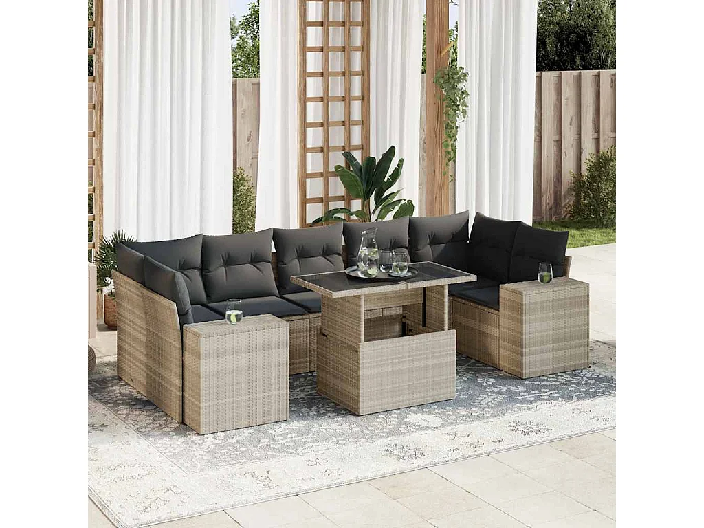 8-tlg. Garten-Sofagarnitur mit Kissen Hellgrau Poly Rattan