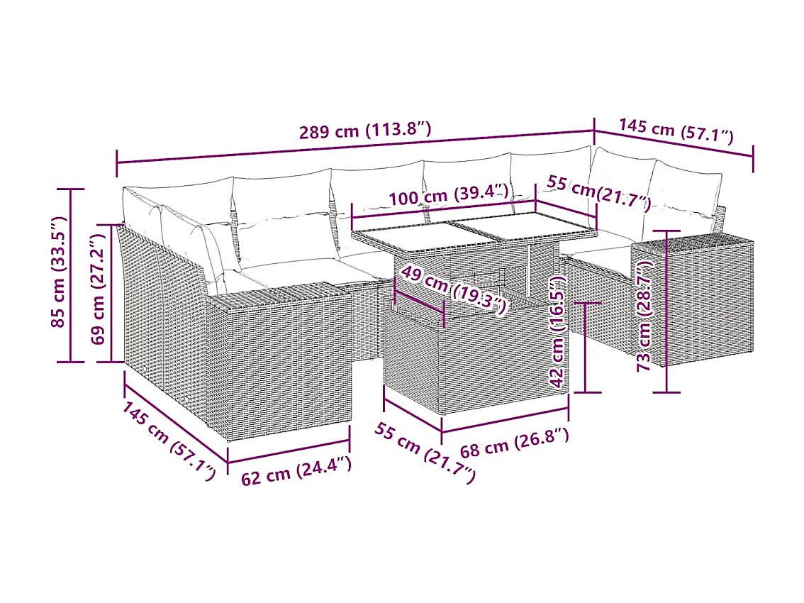 8-tlg. Garten-Sofagarnitur mit Kissen Hellgrau Poly Rattan