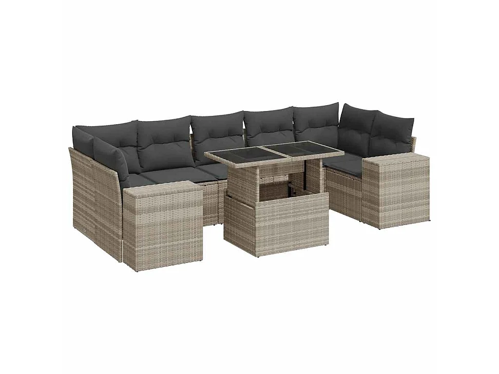 8-delige Loungeset met kussens poly rattan lichtgrijs