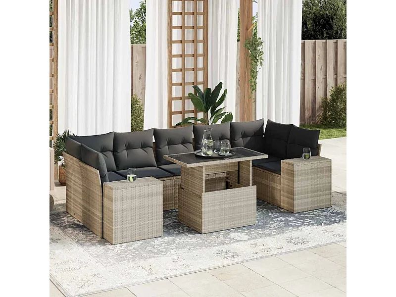 8-delige Loungeset met kussens poly rattan lichtgrijs