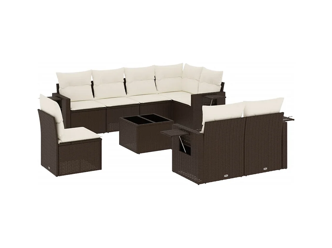 9-delige Loungeset met kussens poly rattan bruin