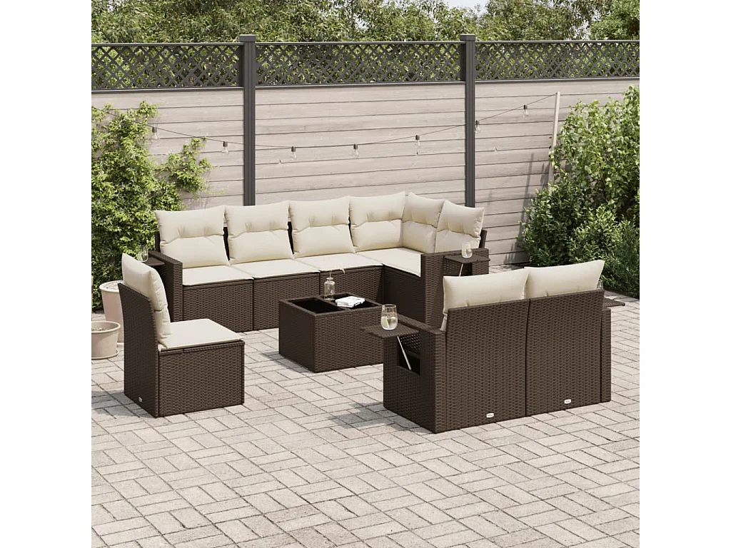 9-tlg. Garten-Sofagarnitur mit Kissen Braun Poly Rattan
