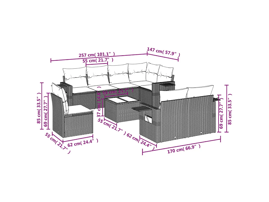 9-tlg. Garten-Sofagarnitur mit Kissen Braun Poly Rattan