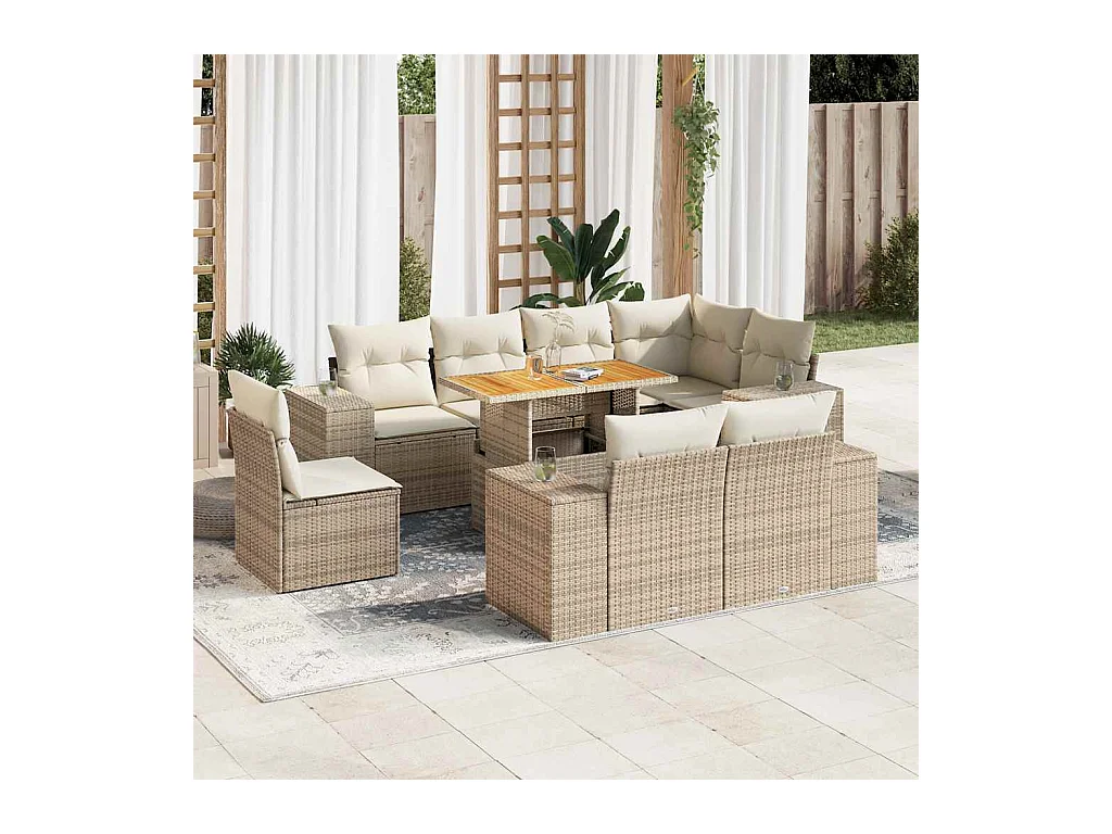 9-tlg. Garten-Sofagarnitur mit Kissen Beige Poly Rattan