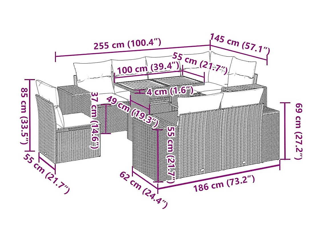 Salon de jardin avec coussins 9 pcs beige résine tressée