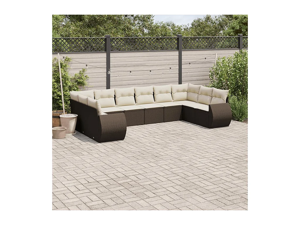 Salon de jardin 10 pcs avec coussins marron résine tressée