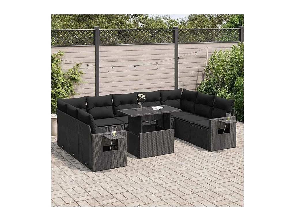 Salon de jardin 10 pcs avec coussins noir résine tressée