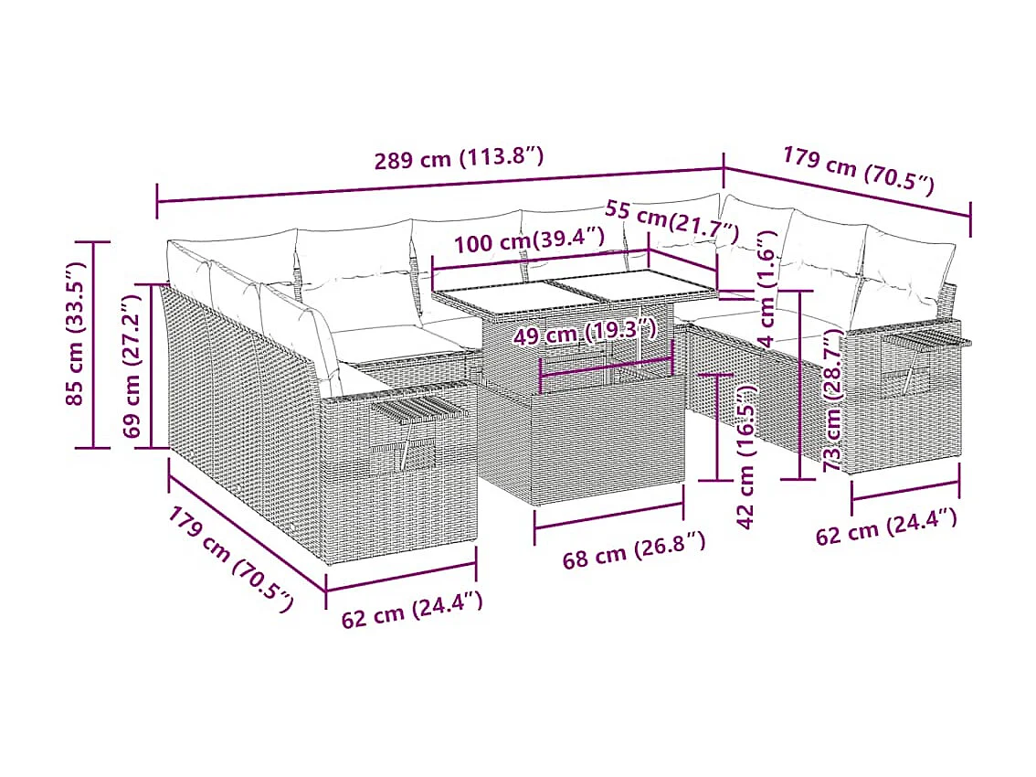 Salon de jardin 10 pcs avec coussins noir résine tressée