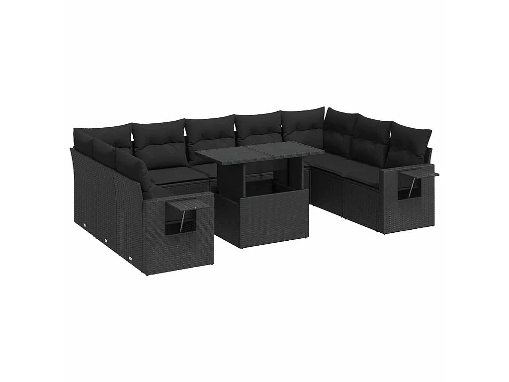 10-delige Loungeset met kussens poly rattan zwart