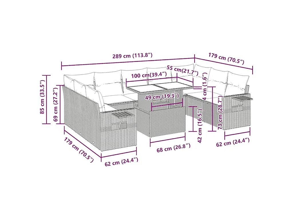 10-delige Loungeset met kussens poly rattan zwart