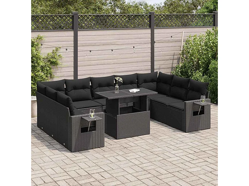 Salon de jardin 10 pcs avec coussins noir résine tressée