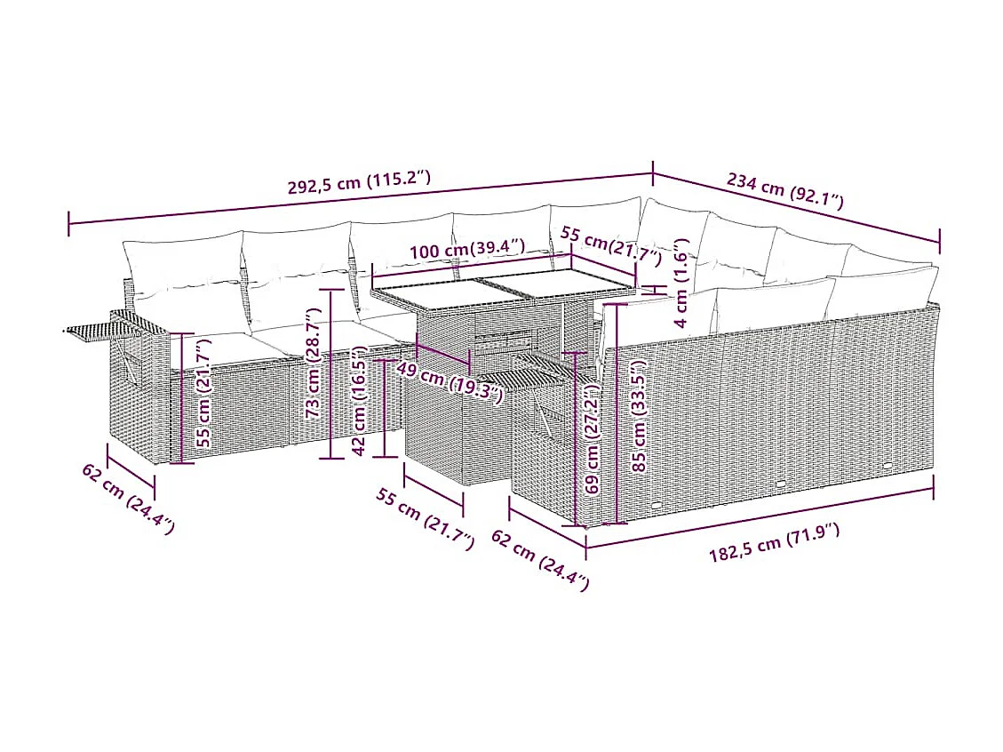 11 pcs conjunto sofás de jardim c/ almofadões vime PE bege