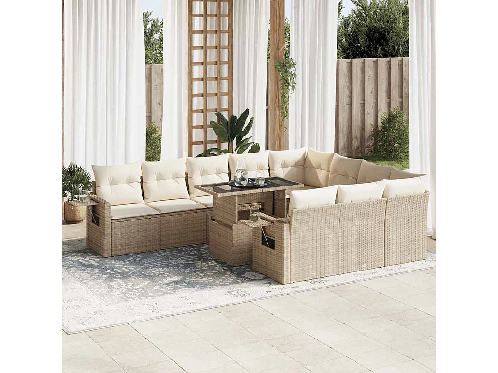 Salon de jardin 11 pcs avec coussins beige résine tressée