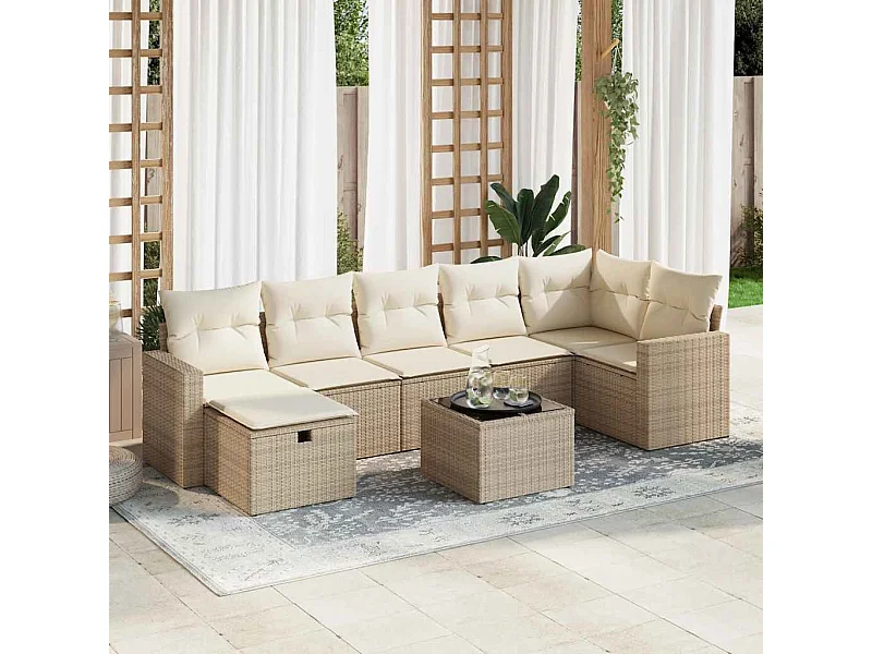Set Divano da Giardino 8 pz con Cuscini Beige in Polyrattan
