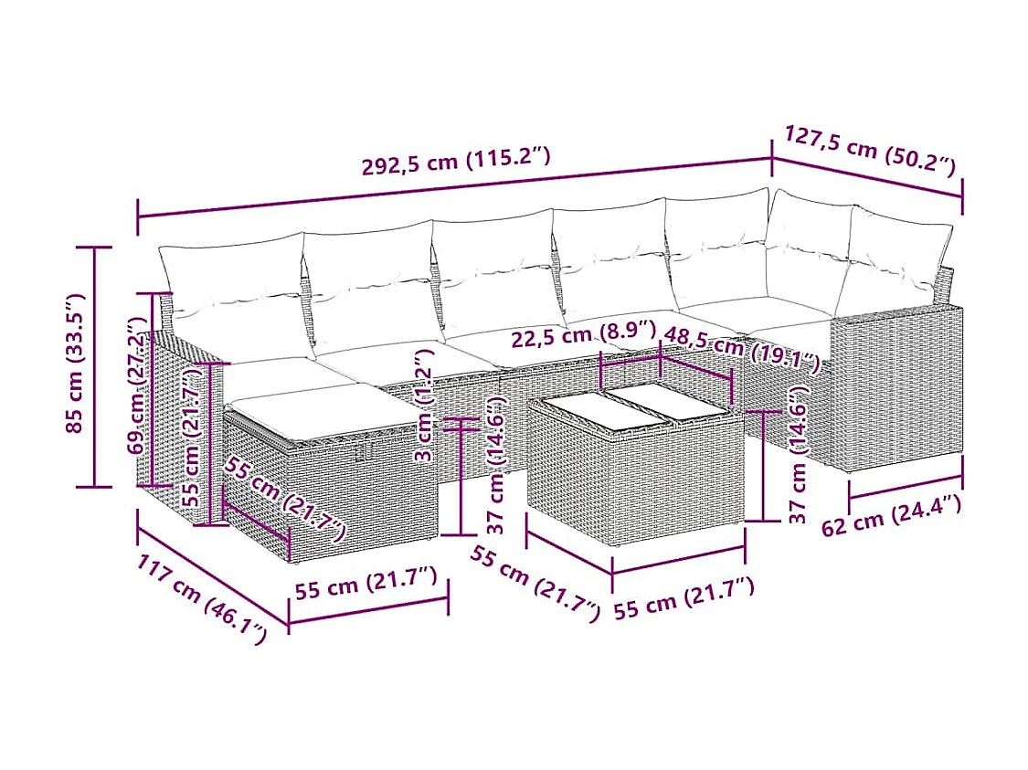 Salon de jardin avec coussins 8 pcs beige résine tressée