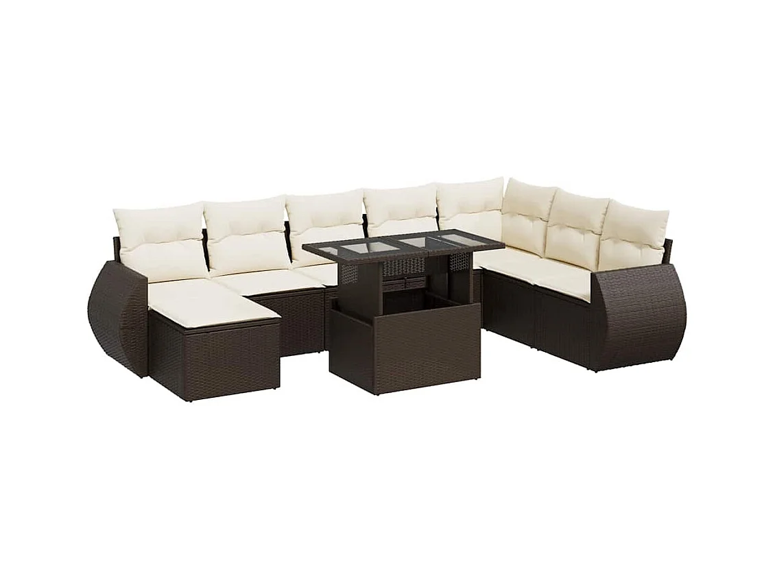 Salon de jardin avec coussins 9 pcs marron résine tressée