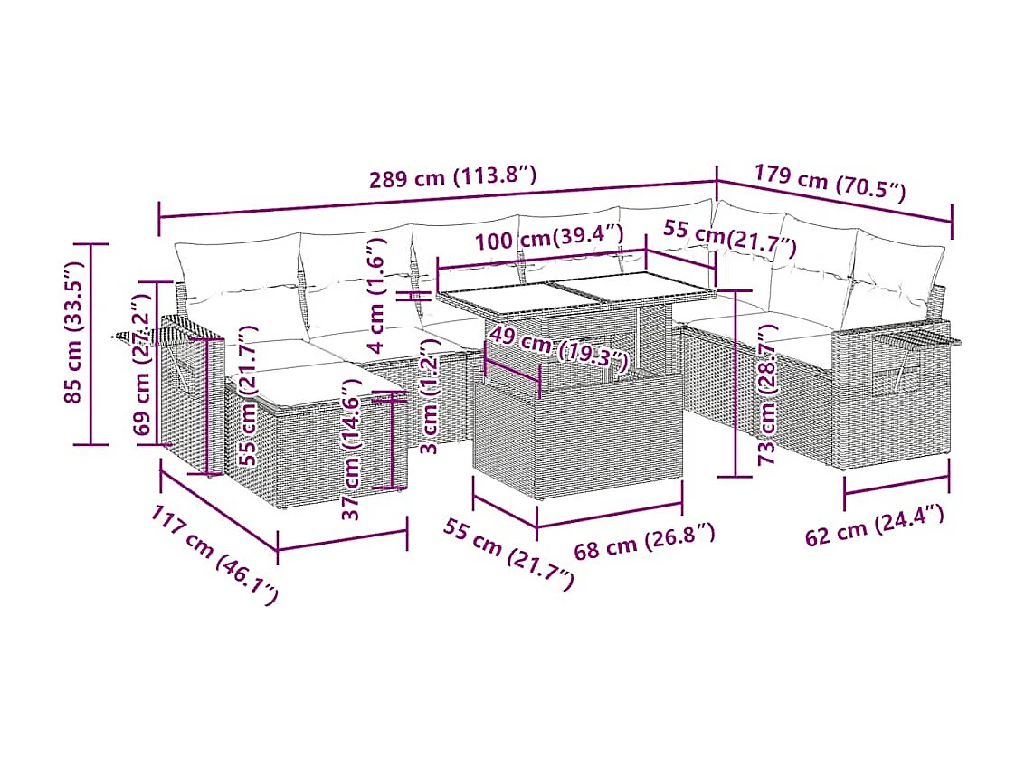 8-tlg. Garten-Sofagarnitur mit Kissen Braun Poly Rattan