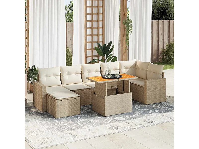 Salon de jardin avec coussins 8 pcs beige résine tressée