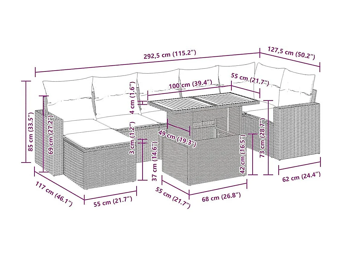 Salon de jardin avec coussins 8 pcs beige résine tressée