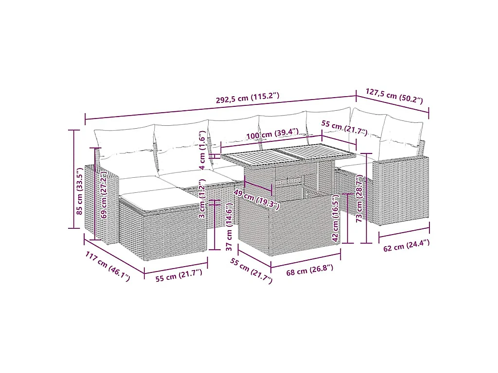 Salon de jardin avec coussins 8 pcs beige résine tressée