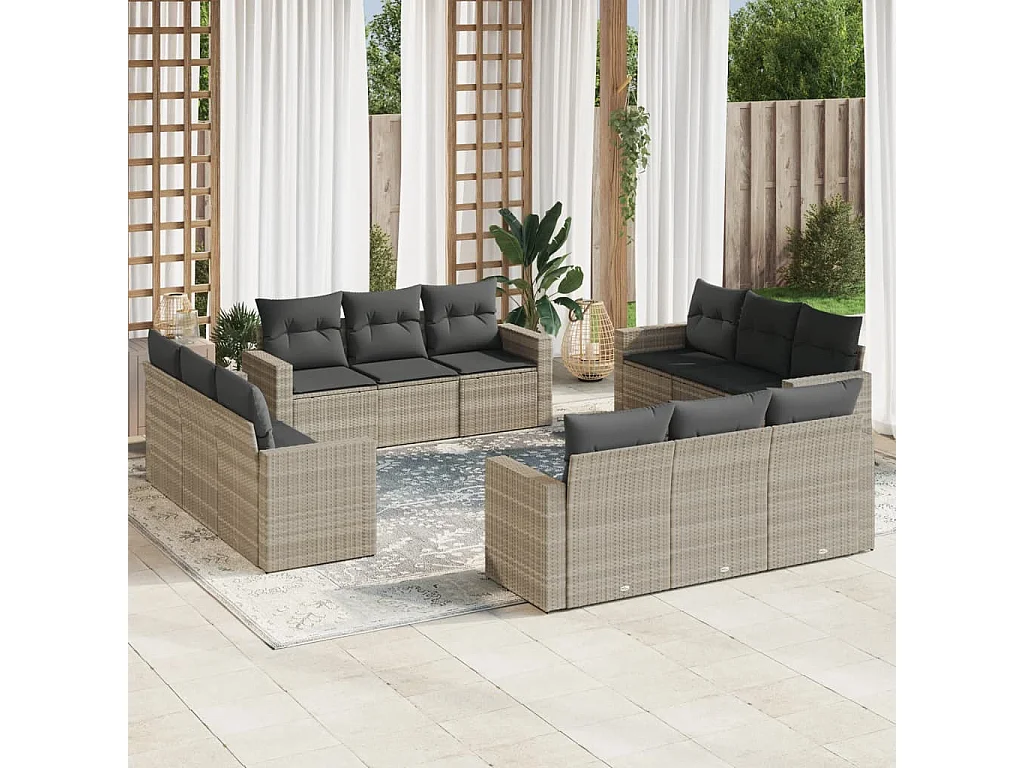 Salon de jardin avec coussins 12 pcs gris clair résine tressée