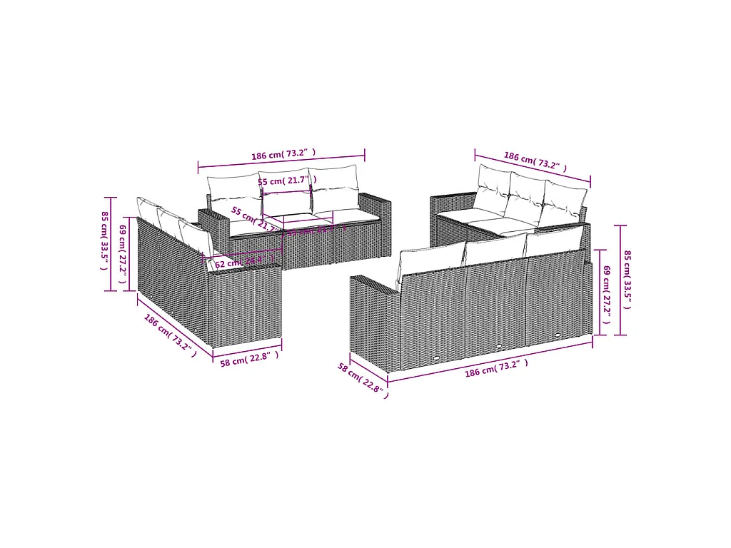 12-delige Loungeset met kussens poly rattan lichtgrijs