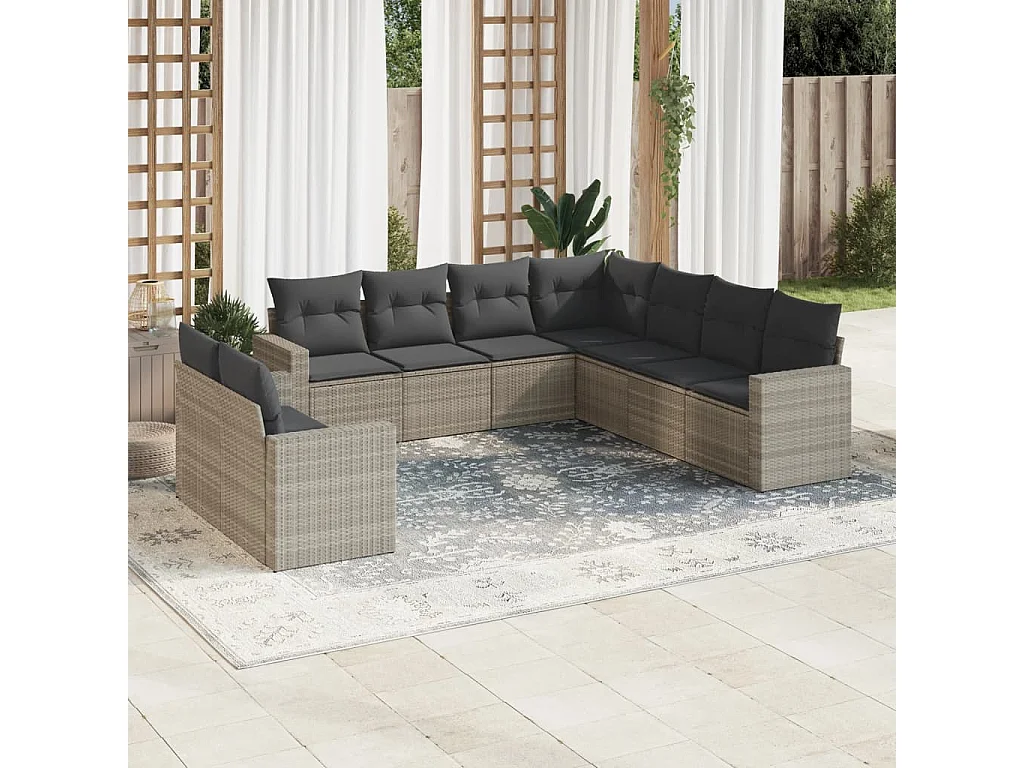 Salon de jardin 9 pcs avec coussins gris clair résine tressée