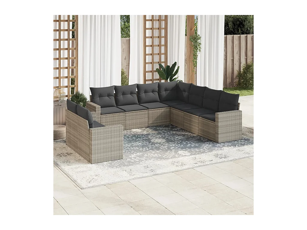 Salon de jardin 9 pcs avec coussins gris clair résine tressée