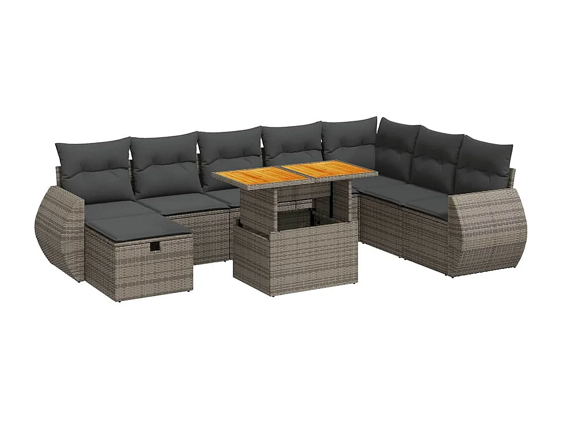 9 pcs conjunto sofás jardim almofadões vime PE/acácia cinzento