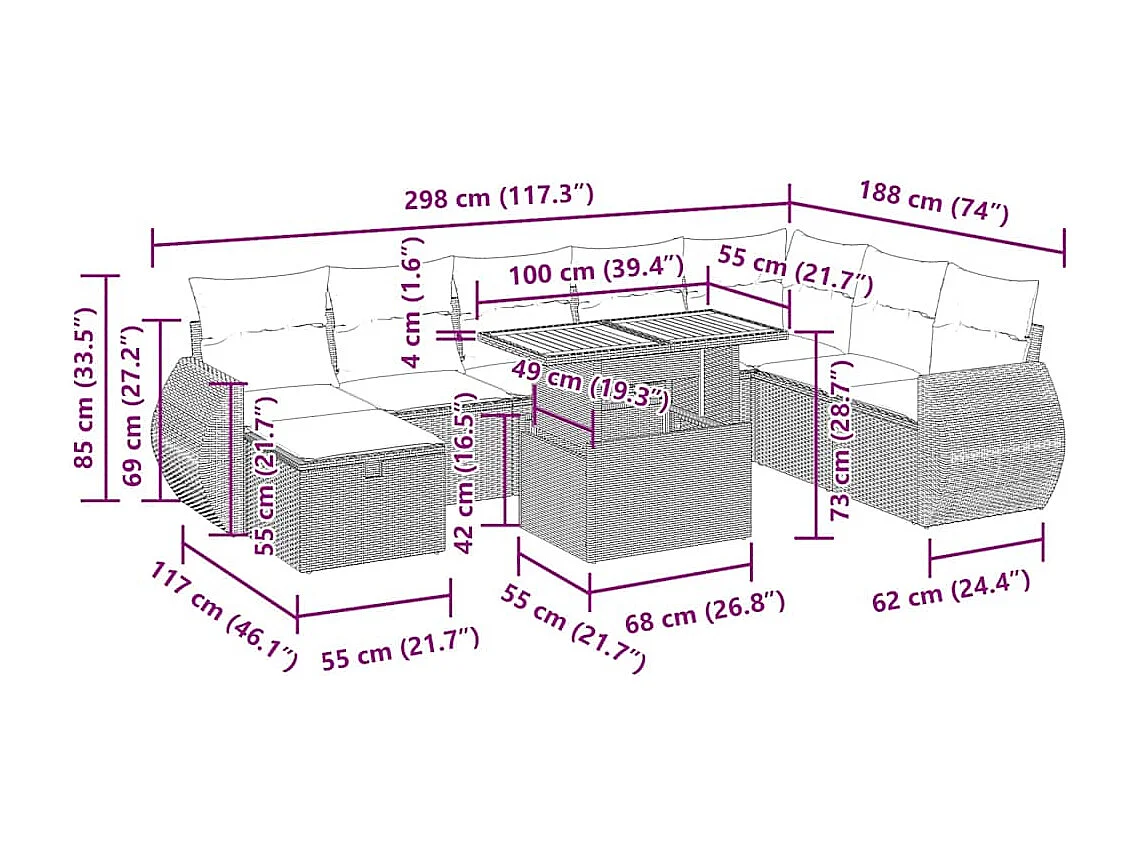 9 pcs conjunto sofás jardim almofadões vime PE/acácia cinzento