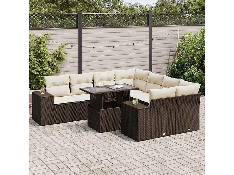 9-delige Loungeset met kussens poly rattan bruin