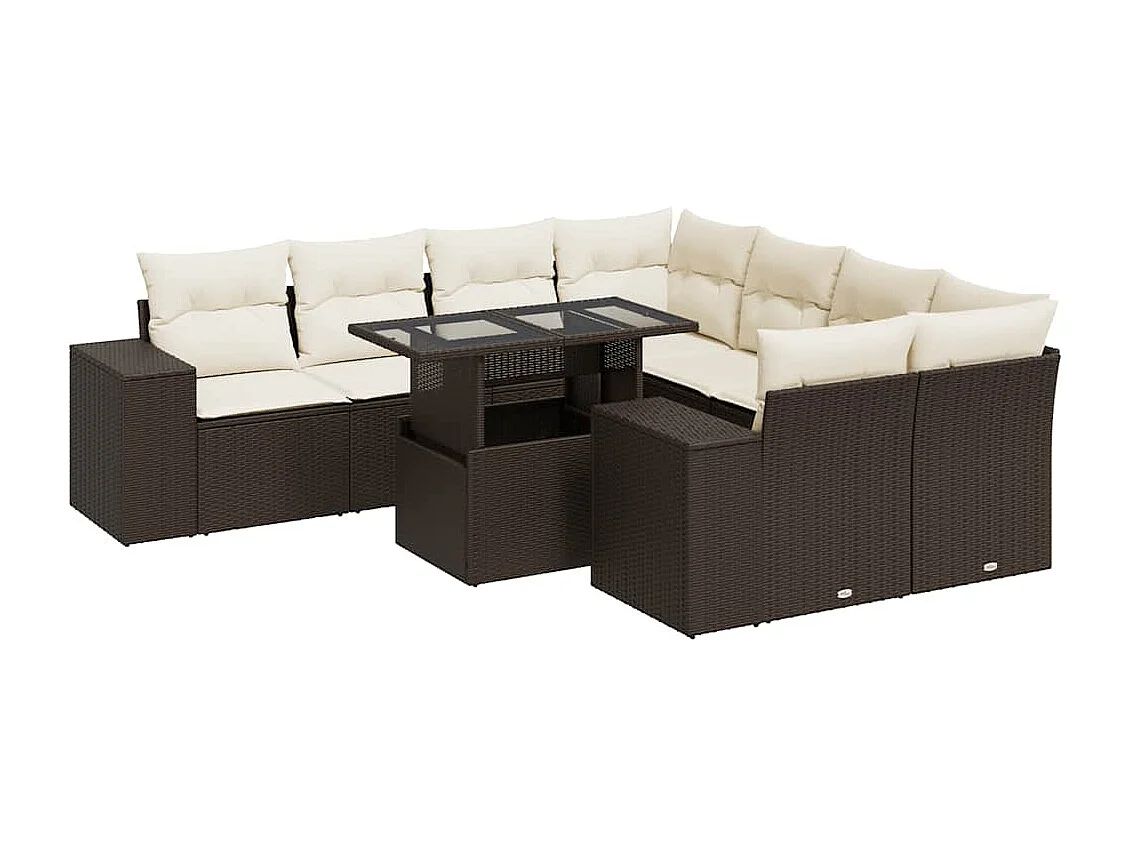 9-delige Loungeset met kussens poly rattan bruin