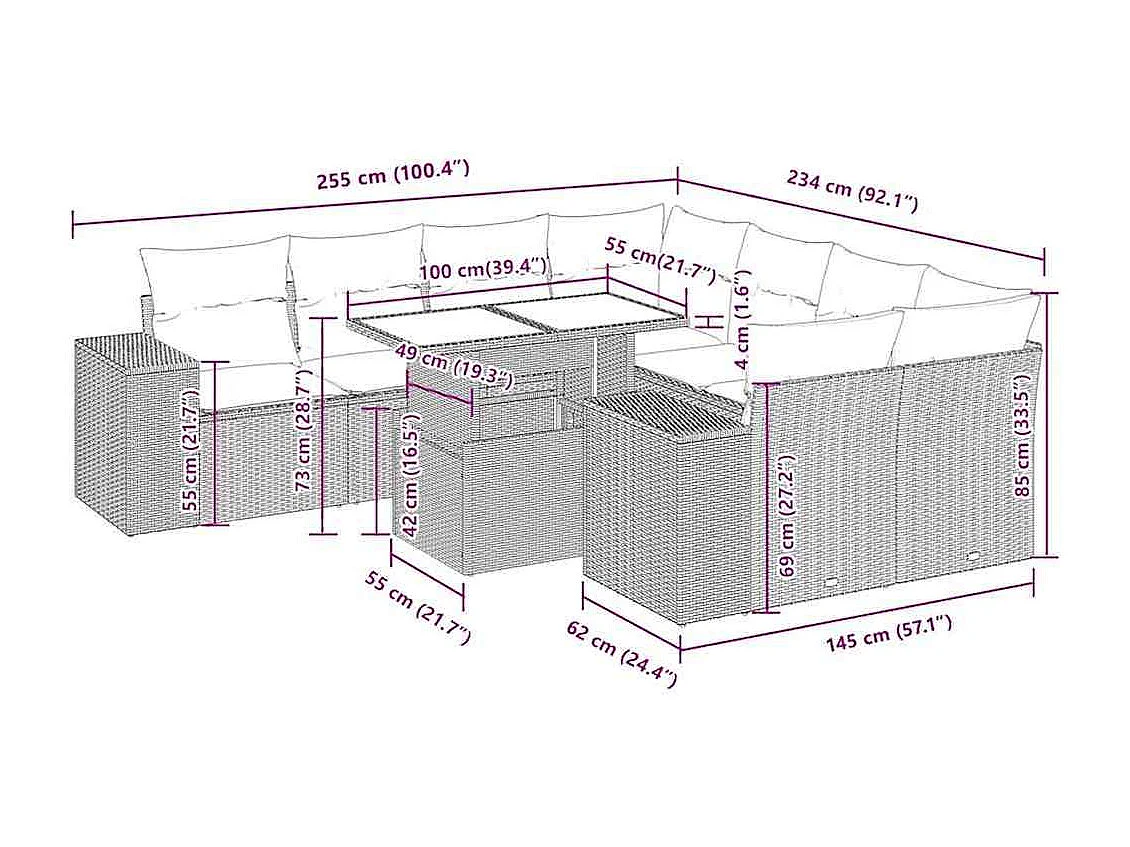 9-delige Loungeset met kussens poly rattan bruin