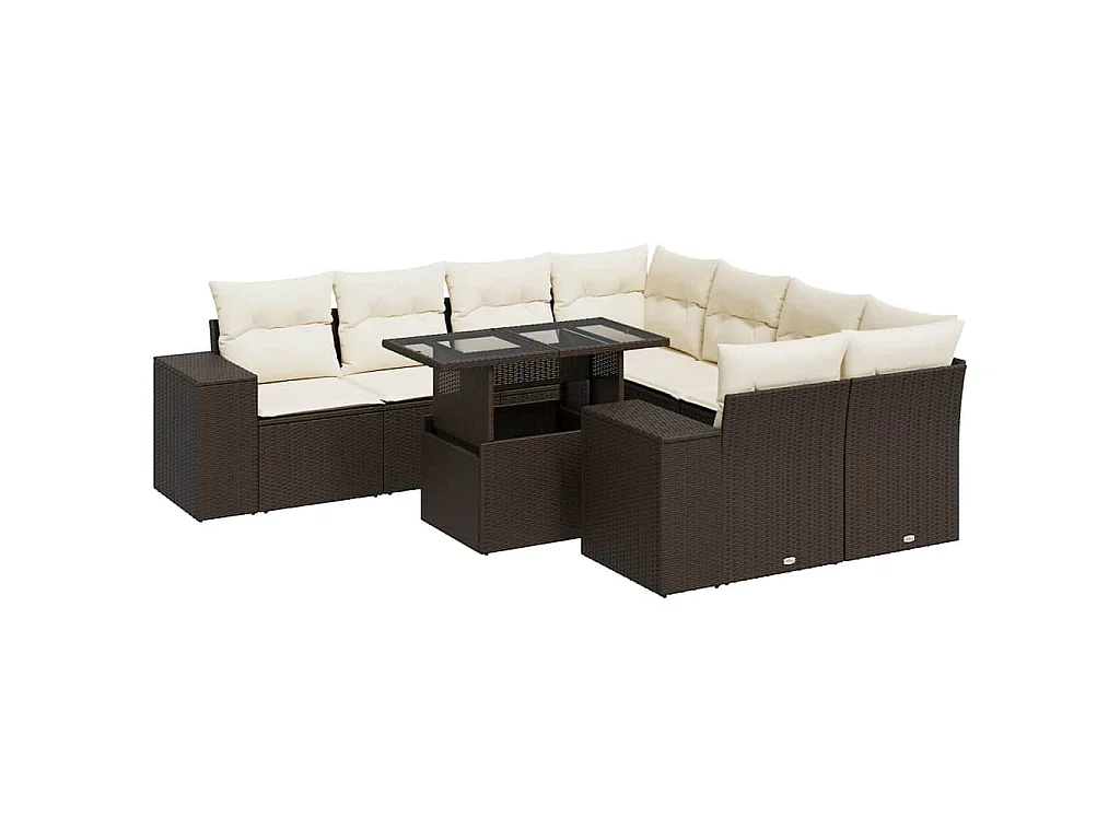 9-delige Loungeset met kussens poly rattan bruin