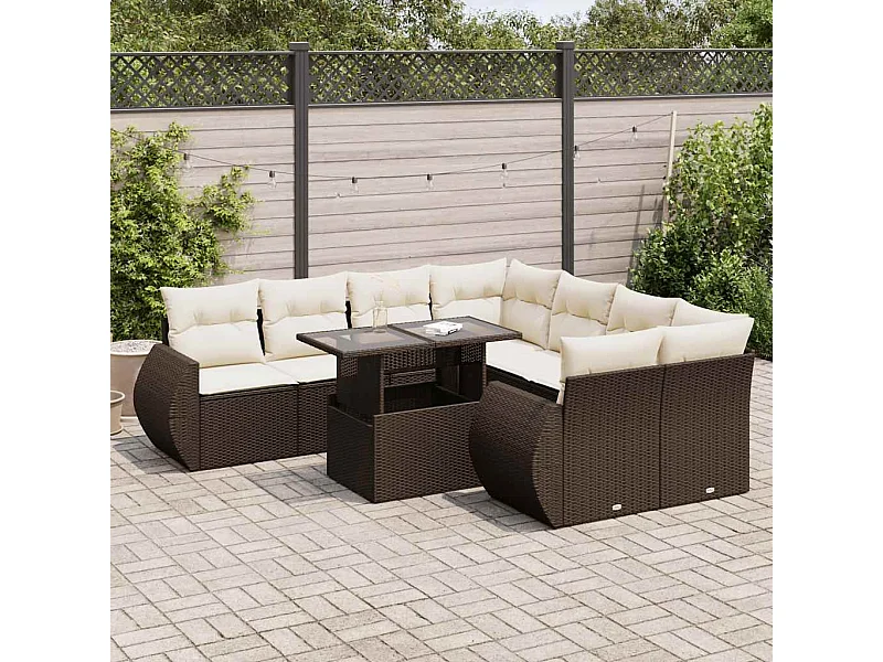 9-delige Loungeset met kussens poly rattan bruin