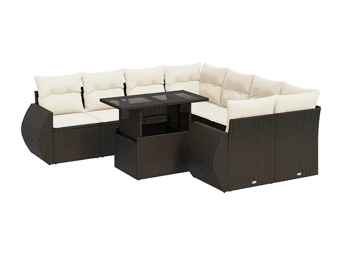 Set de sofás de jardín 9 pzas y cojines ratán sintético marrón