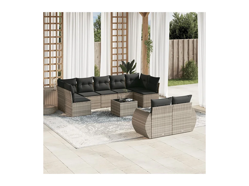 Salon de jardin avec coussins 10 pcs gris clair résine tressée