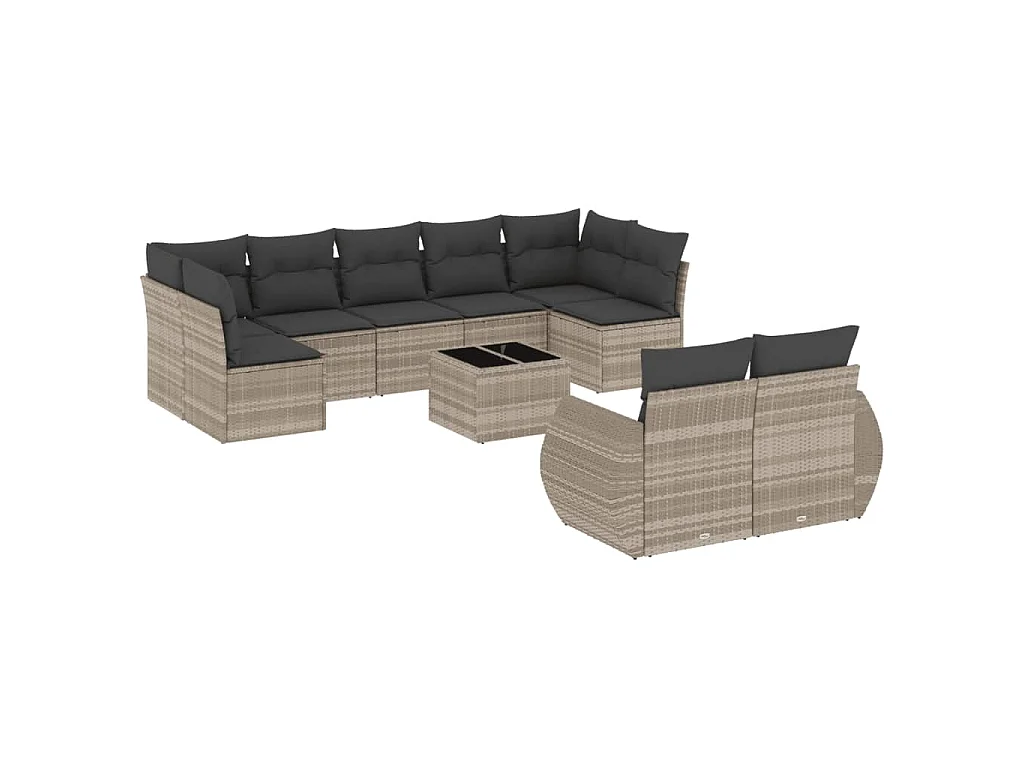 10-delige Loungeset met kussens poly rattan lichtgrijs