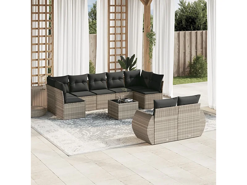 Salon de jardin avec coussins 10 pcs gris clair résine tressée