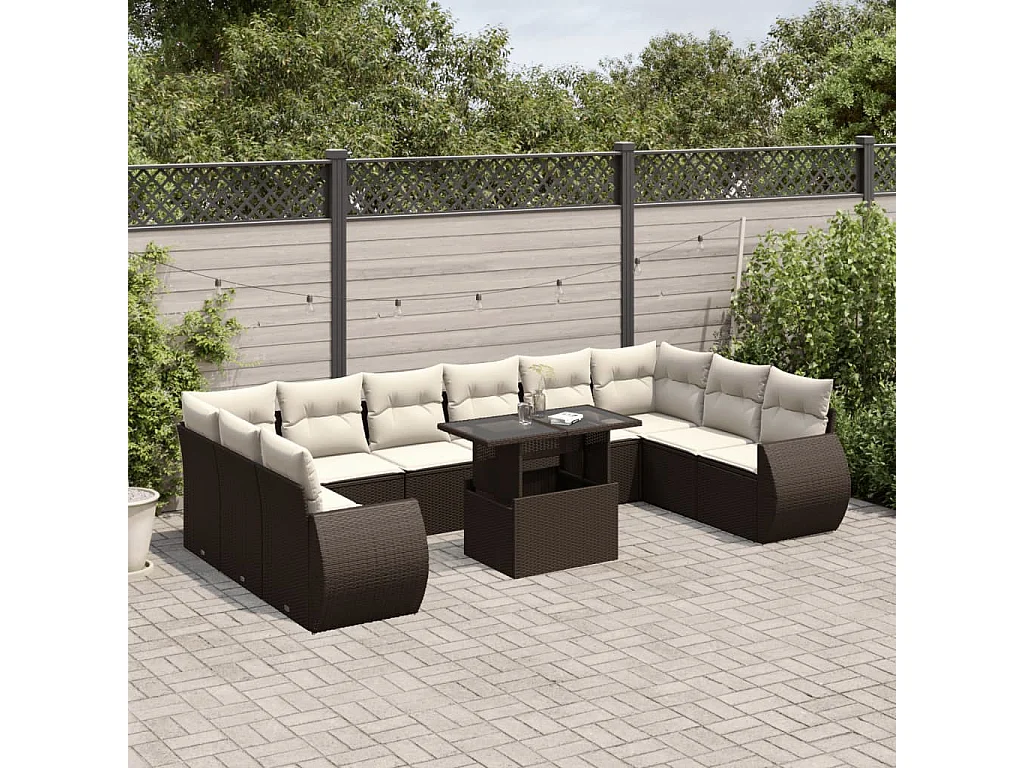 11-tlg. Garten-Sofagarnitur mit Kissen Braun Poly Rattan