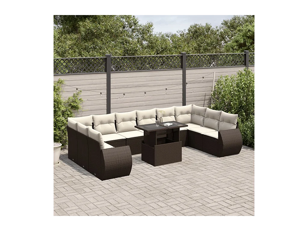 Salon de jardin et coussins 11 pcs marron résine tressée