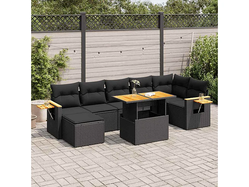 Salon de jardin avec coussins 8 pcs noir résine tressée acacia