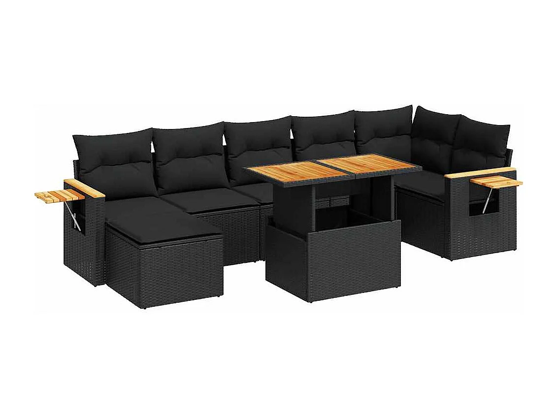 Salon de jardin avec coussins 8 pcs noir résine tressée acacia
