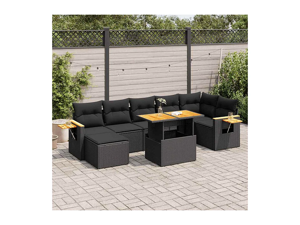 Salon de jardin avec coussins 8 pcs noir résine tressée acacia