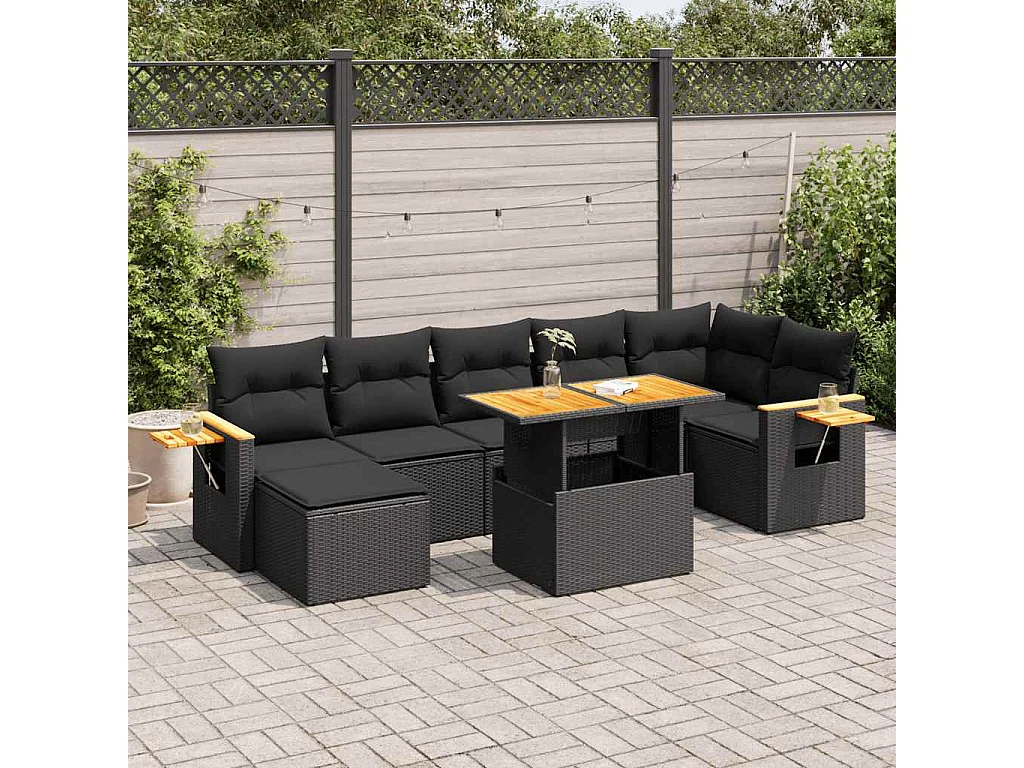 8-tlg. Garten-Sofagarnitur mit Kissen Schwarz Poly Rattan