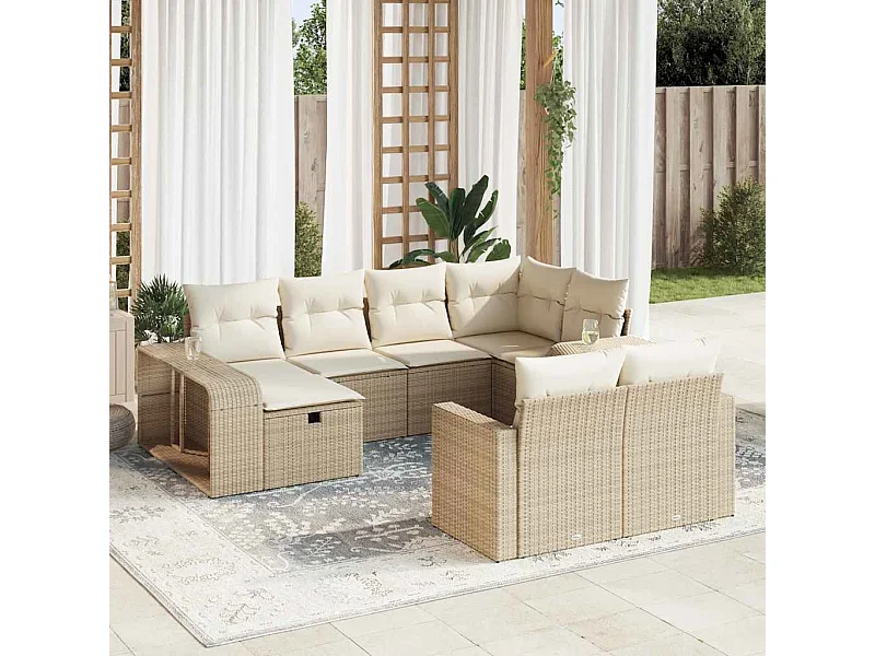 10-tlg. Garten-Sofagarnitur mit Kissen Beige Poly Rattan