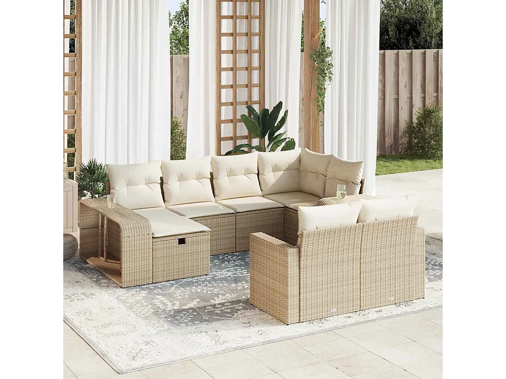 Salon de jardin avec coussins 10 pcs beige résine tressée