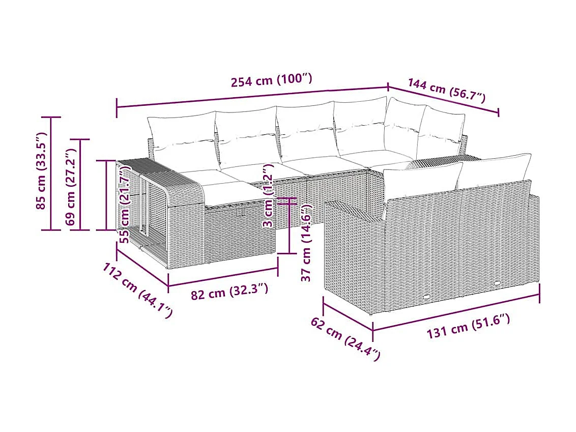 Salon de jardin avec coussins 10 pcs beige résine tressée