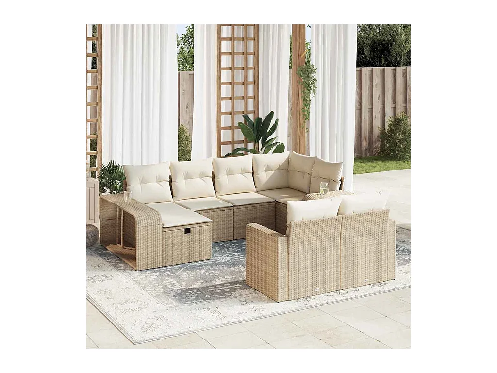 Salon de jardin avec coussins 10 pcs beige résine tressée