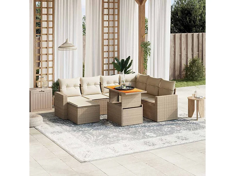 Salon de jardin avec coussins 8 pcs beige résine tressée